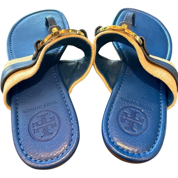 Tory Burch Amanda Leather/Textile Blue/Natural Sandals Women’s Size 8 - Picture 5 of 8